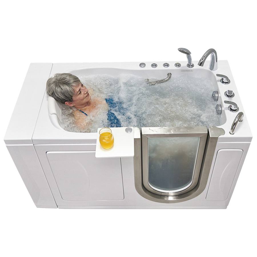 Walk-in tub with a low step-in door and built-in seat