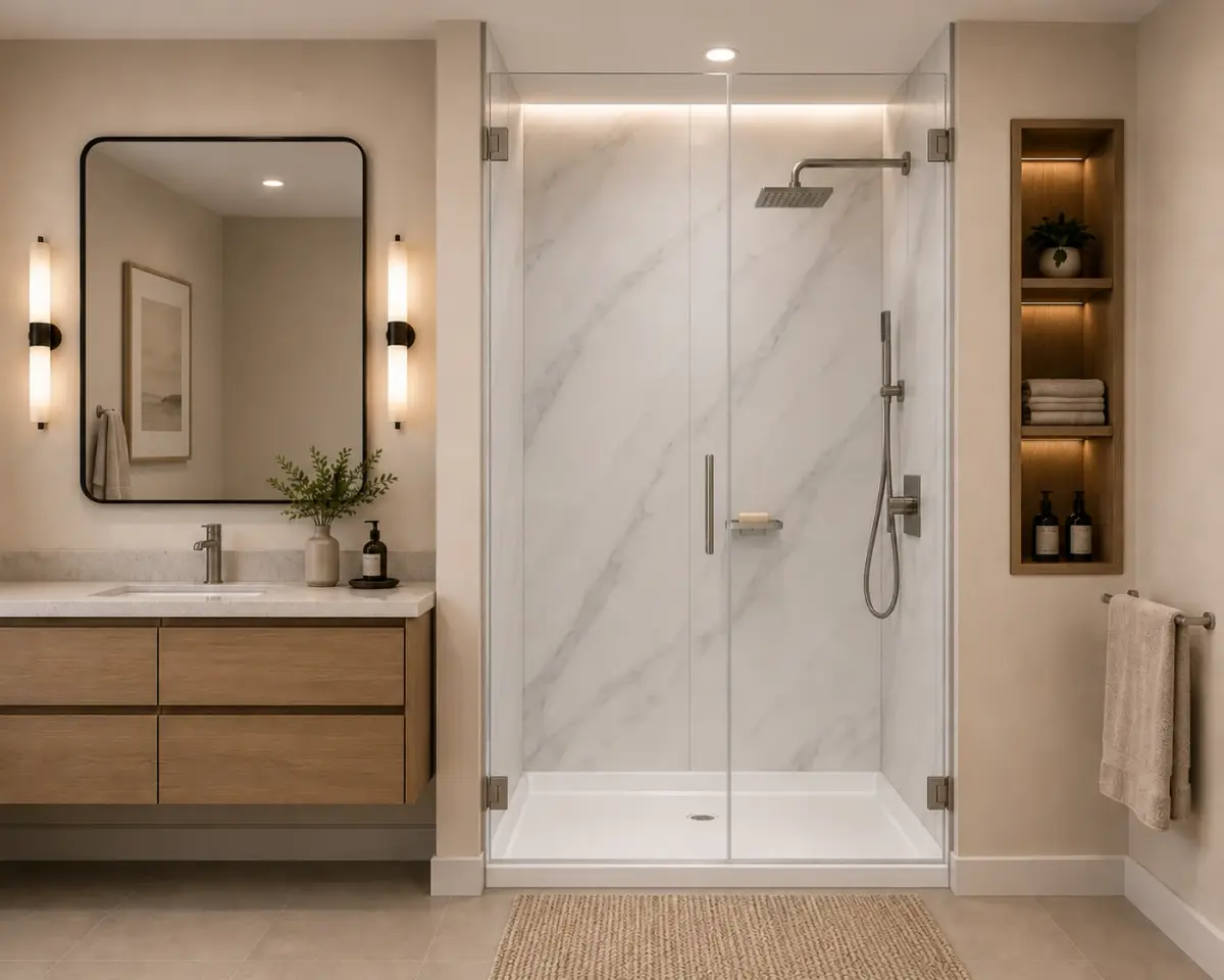 A low-threshold walk-in shower with a handheld shower on a slide bar and a glass door